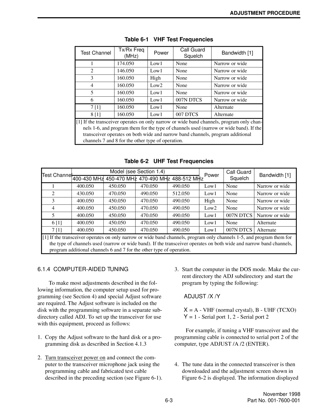 EFJohnson 764X, 761X service manual VHF Test Frequencies, UHF Test Frequencies, COMPUTER-AIDED Tuning 