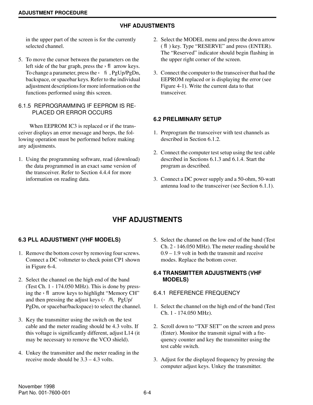 EFJohnson 761X, 764X VHF Adjustments, Preliminary Setup, PLL Adjustment VHF Models, Transmitter Adjustments VHF Models 