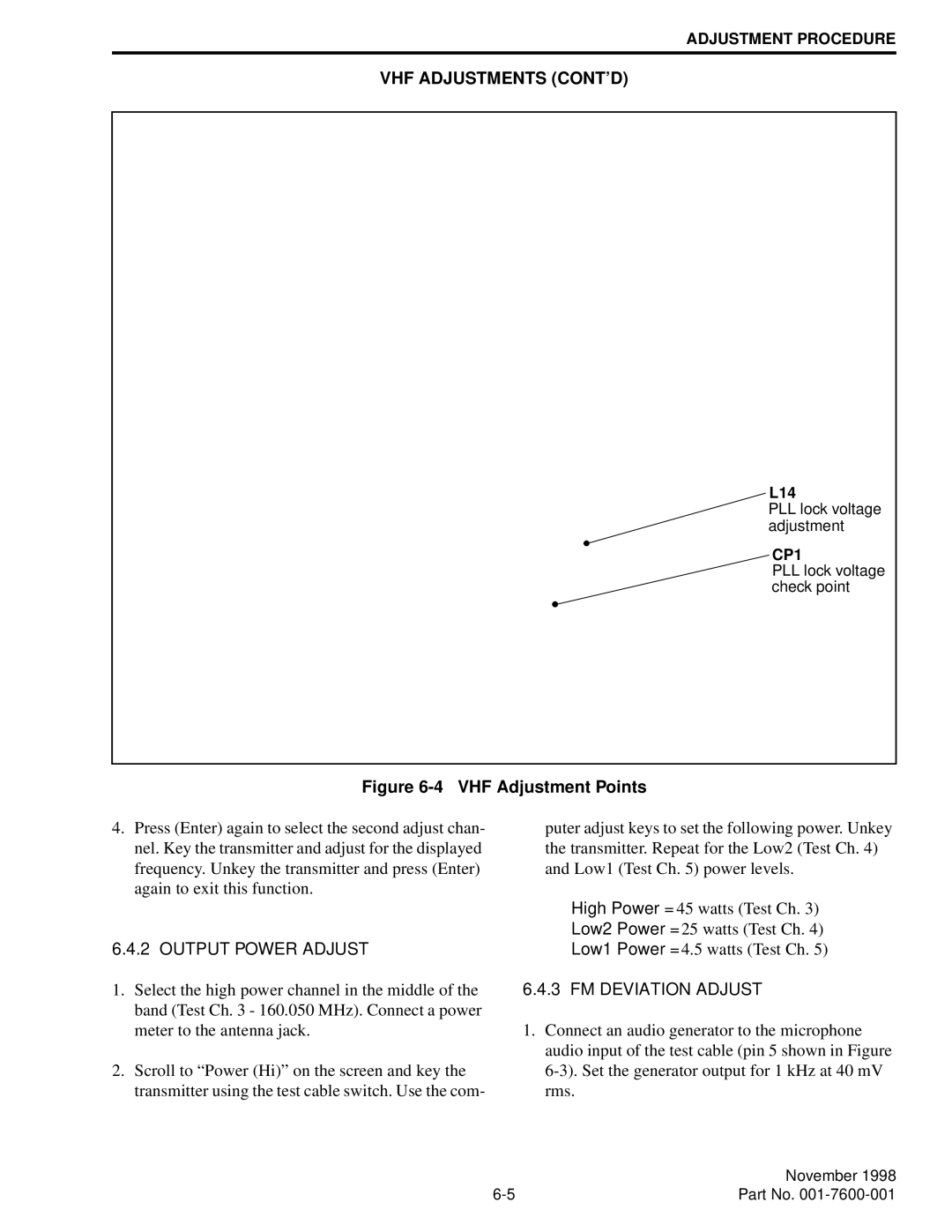 EFJohnson 764X, 761X service manual VHF Adjustments CONT’D, Output Power Adjust, FM Deviation Adjust 