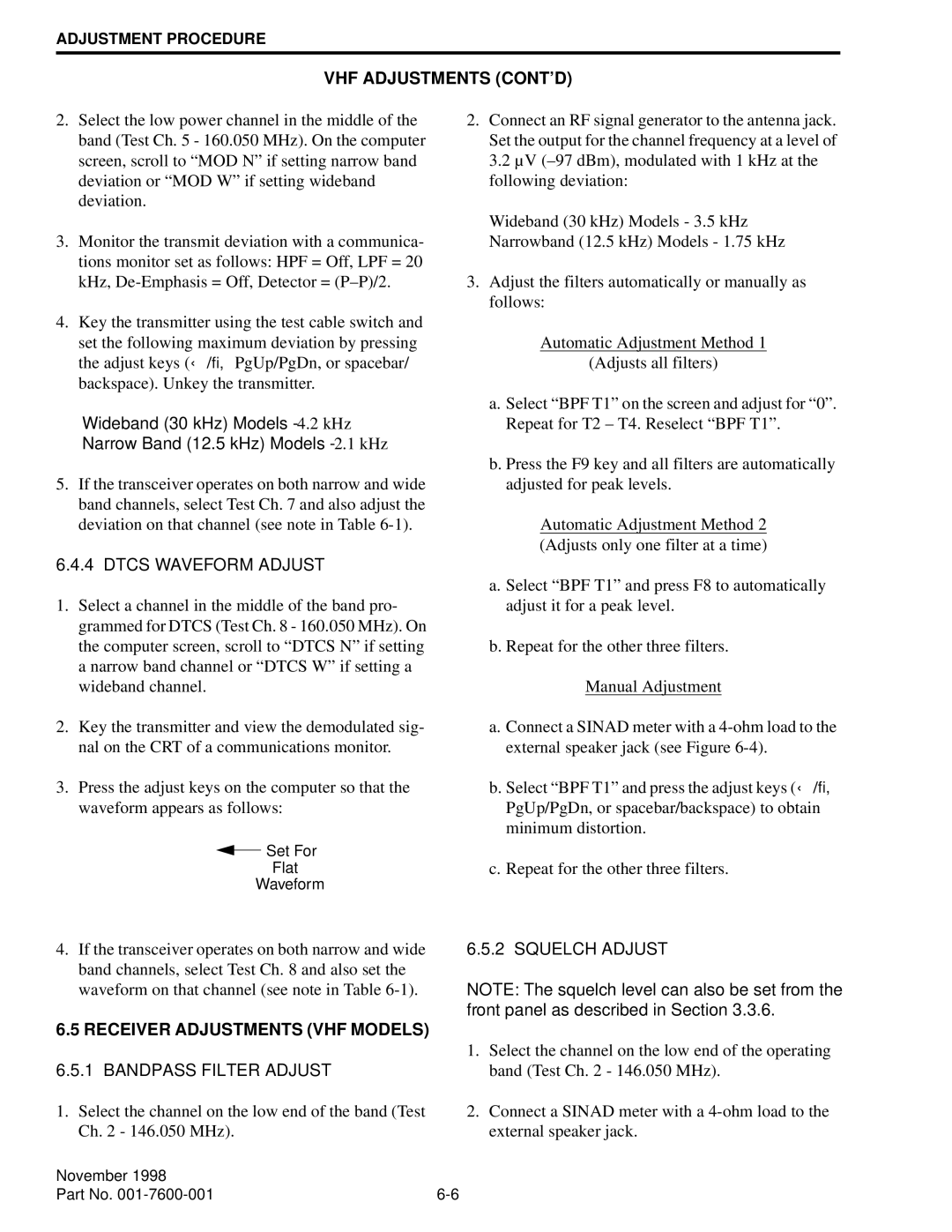 EFJohnson 761X, 764X Dtcs Waveform Adjust, Receiver Adjustments VHF Models, Bandpass Filter Adjust, Squelch Adjust 