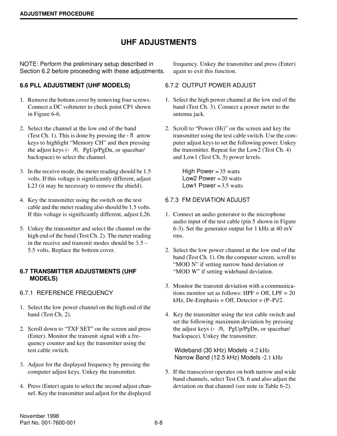 EFJohnson 761X, 764X service manual UHF Adjustments, PLL Adjustment UHF Models, Transmitter Adjustments UHF Models 