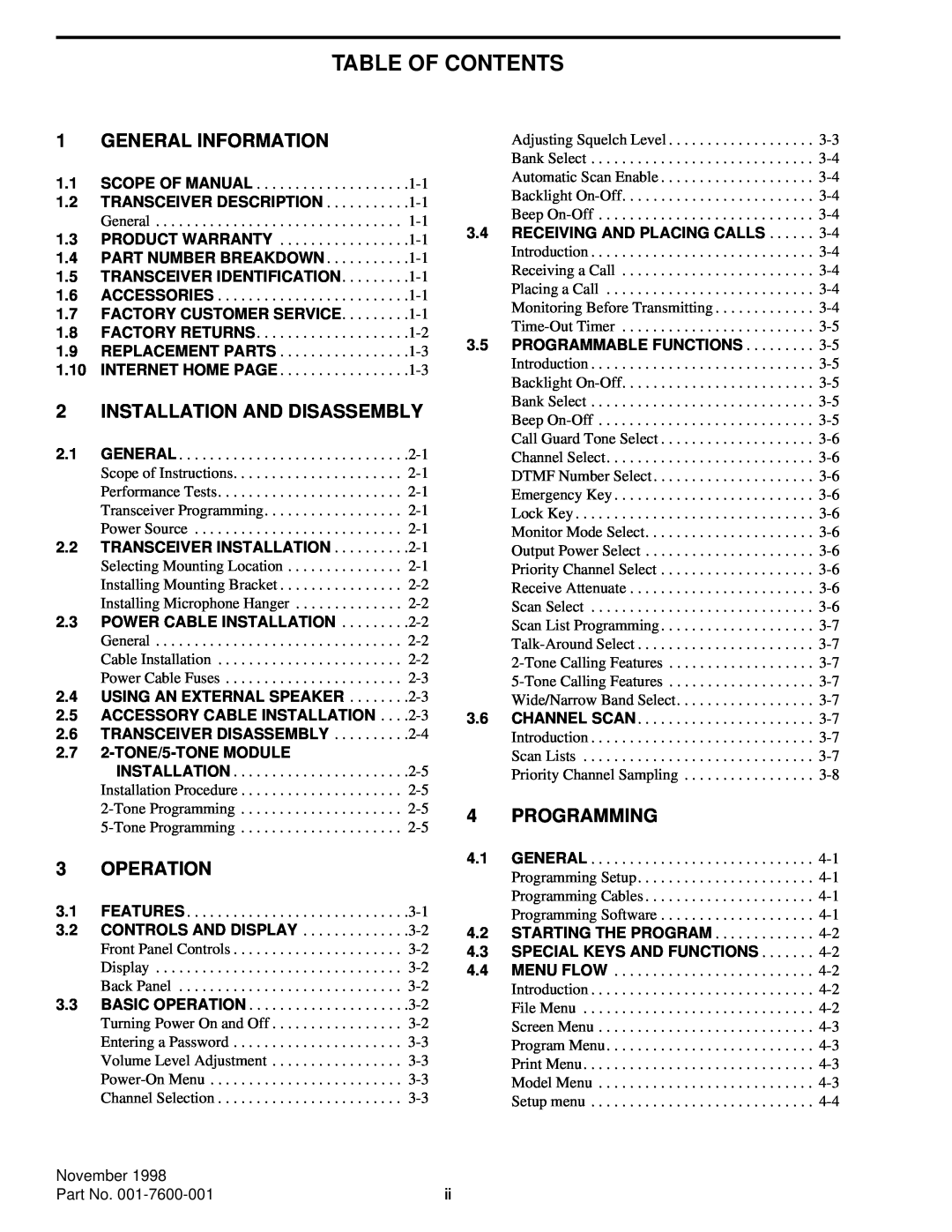 EFJohnson 761X, 764X Table Of Contents, General Information, Installation And Disassembly, Operation, Programming 