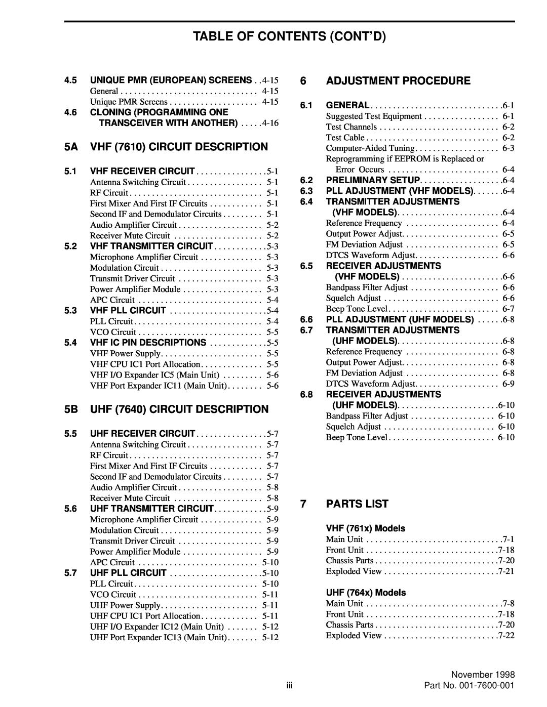 EFJohnson 764X Table Of Contents Cont’D, 5A VHF 7610 CIRCUIT DESCRIPTION, 5B UHF 7640 CIRCUIT DESCRIPTION, Parts List 
