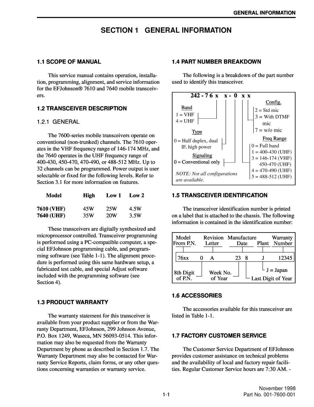 EFJohnson 764X General Information, Scope Of Manual, Transceiver Description, Product Warranty, Part Number Breakdown 