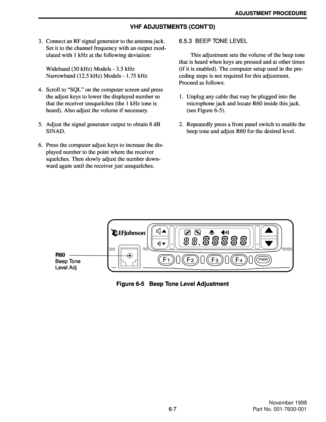 EFJohnson 764X, 761X service manual 5Beep Tone Level Adjustment, Vhf Adjustments Cont’D 