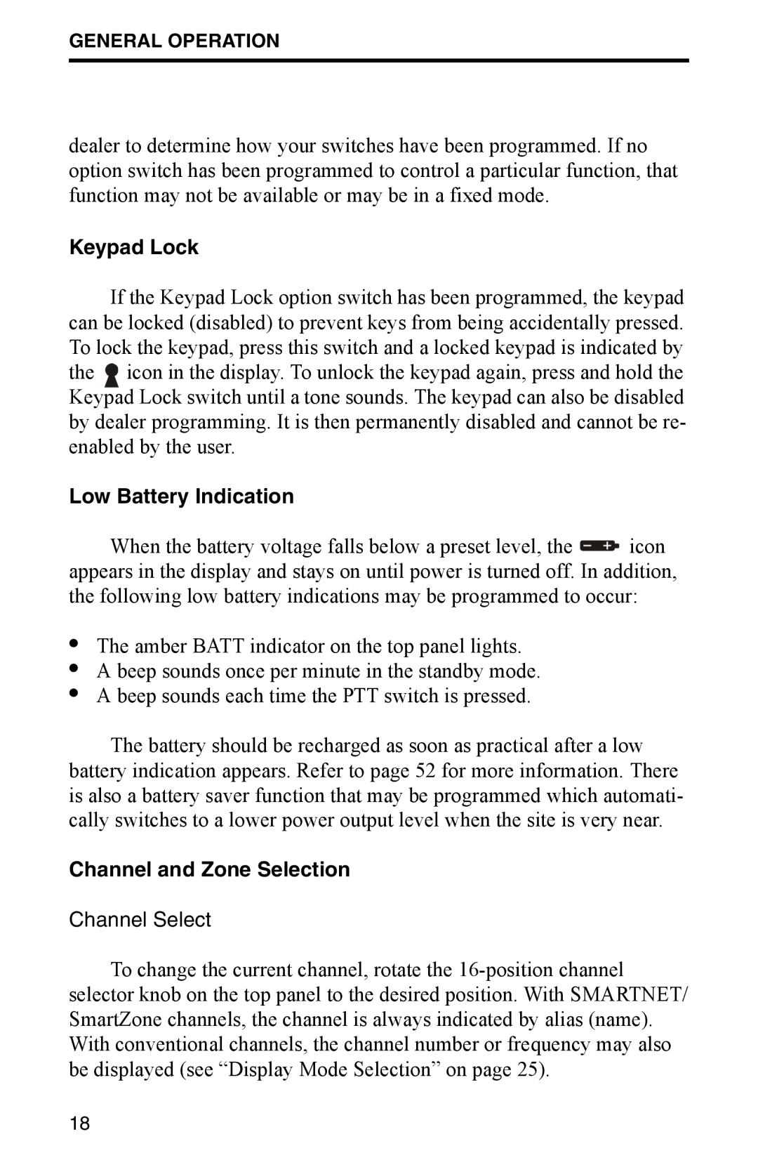 EFJohnson 7700 Series manual Keypad Lock, Low Battery Indication, Channel and Zone Selection, Channel Select 