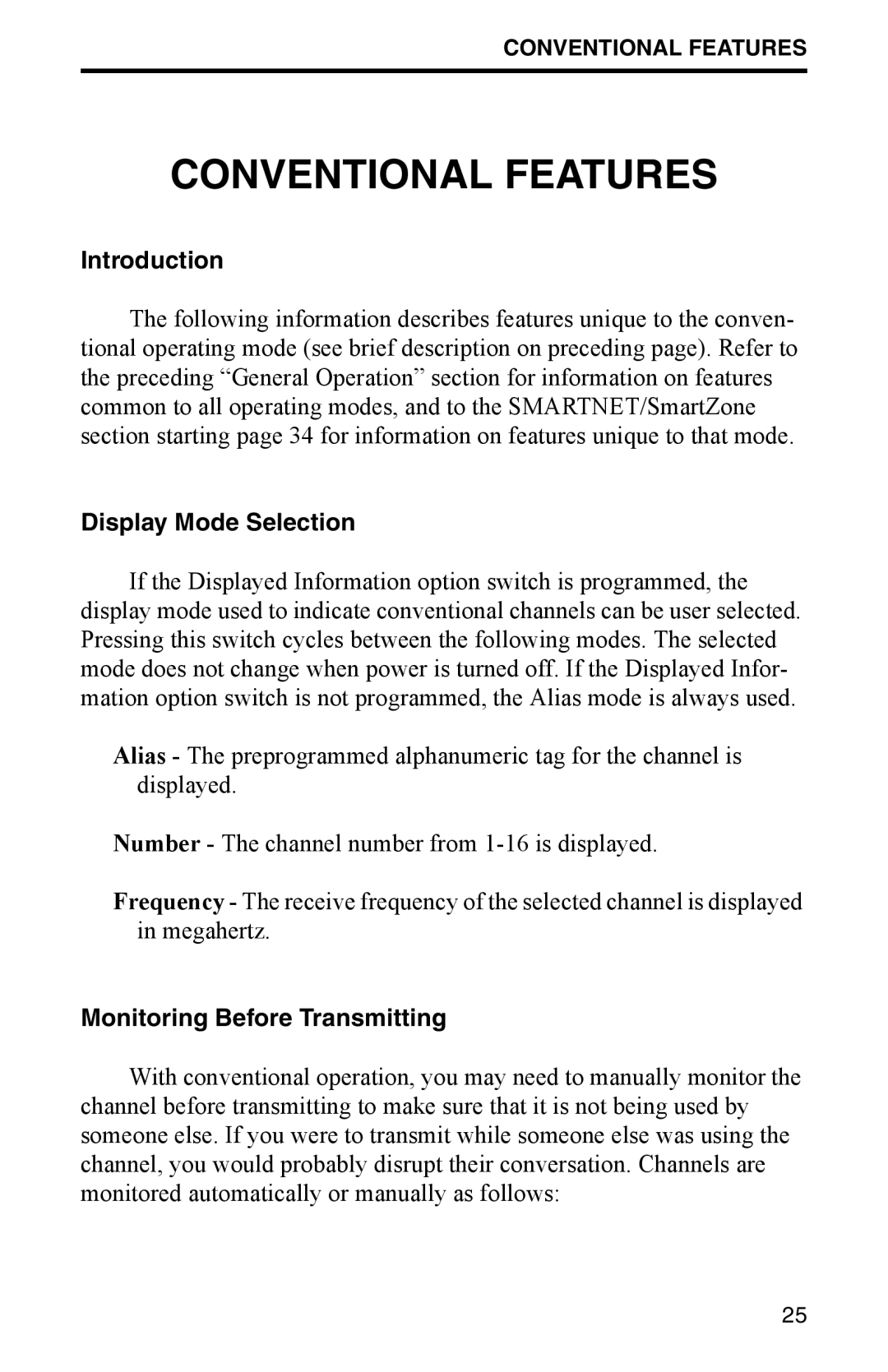 EFJohnson FM Portable Radio Intrinsically-Safe SMARTNET, SmartZone Conventional, 7700 Series manual Conventional Features 