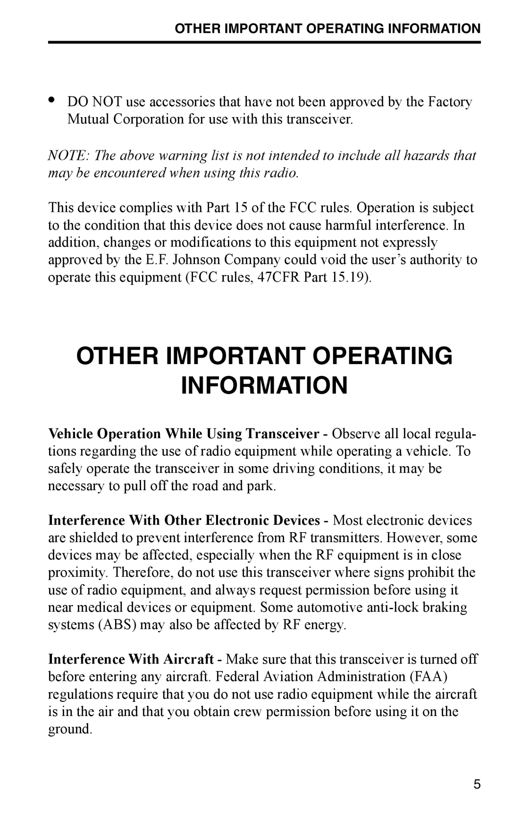 EFJohnson FM Portable Radio Intrinsically-Safe SMARTNET, SmartZone Conventional Other Important Operating Information 