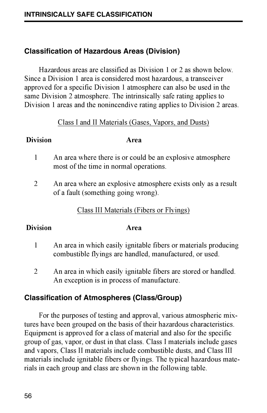 EFJohnson 7700 Series manual Classification of Hazardous Areas Division, Classification of Atmospheres Class/Group 