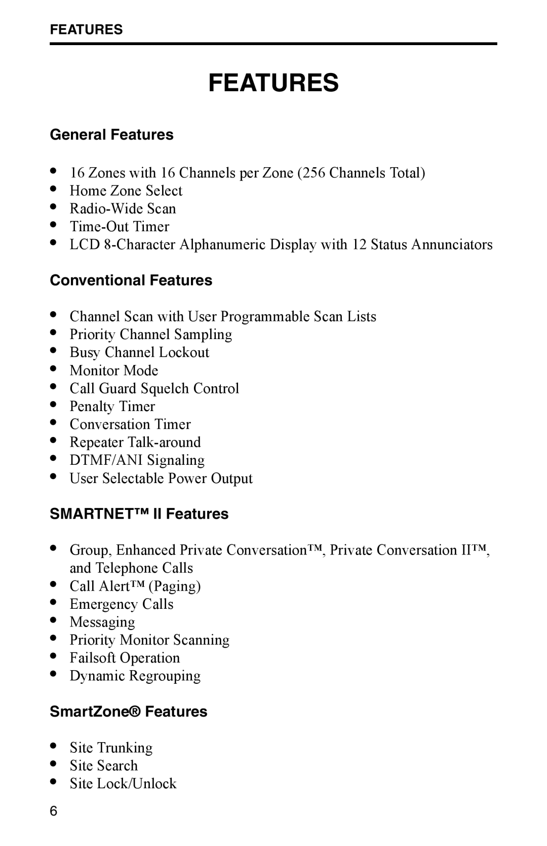 EFJohnson 7700 Series manual General Features, Conventional Features, Smartnet II Features, SmartZone Features 