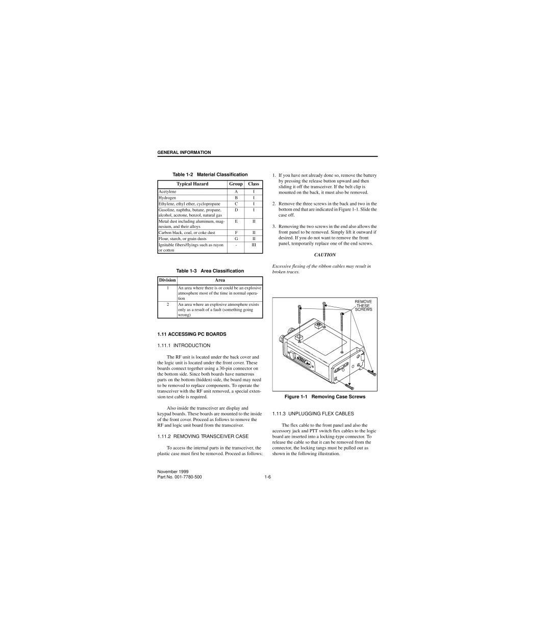 EFJohnson 7780 service manual Material Classification, Typical Hazard Group Class, Area Classification, Division Area 