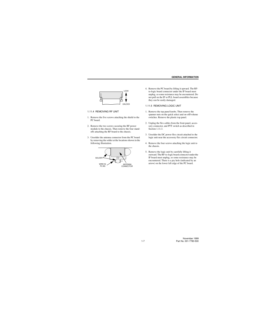 EFJohnson 7780 service manual Removing RF Unit, Removing Logic Unit 