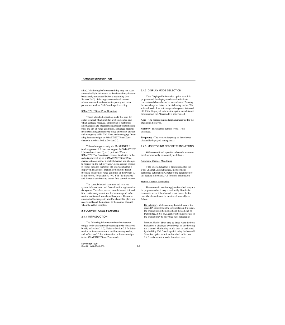 EFJohnson 7780 service manual Conventional Features, Display Mode Selection, Monitoring Before Transmitting 