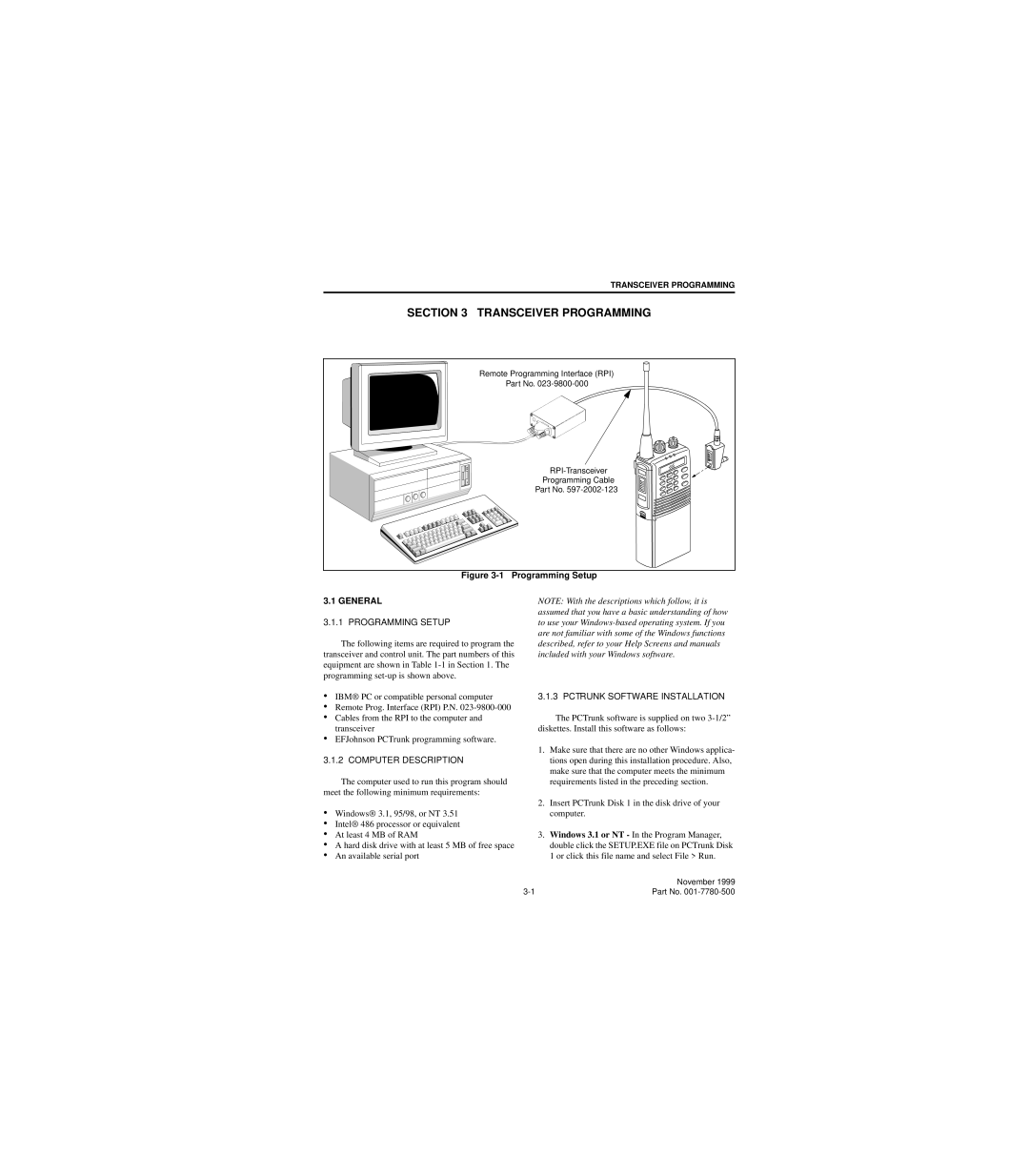 EFJohnson 7780 Transceiver Programming, Programming Setup, Computer Description, Pctrunk Software Installation 