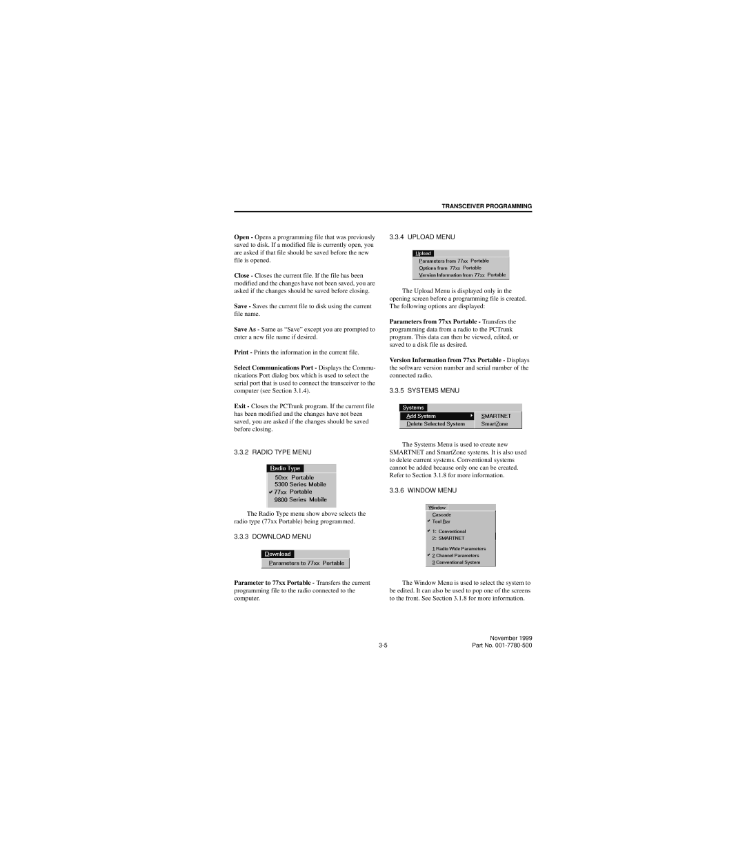 EFJohnson 7780 service manual Radio Type Menu, Download Menu Upload Menu, Systems Menu, Window Menu 