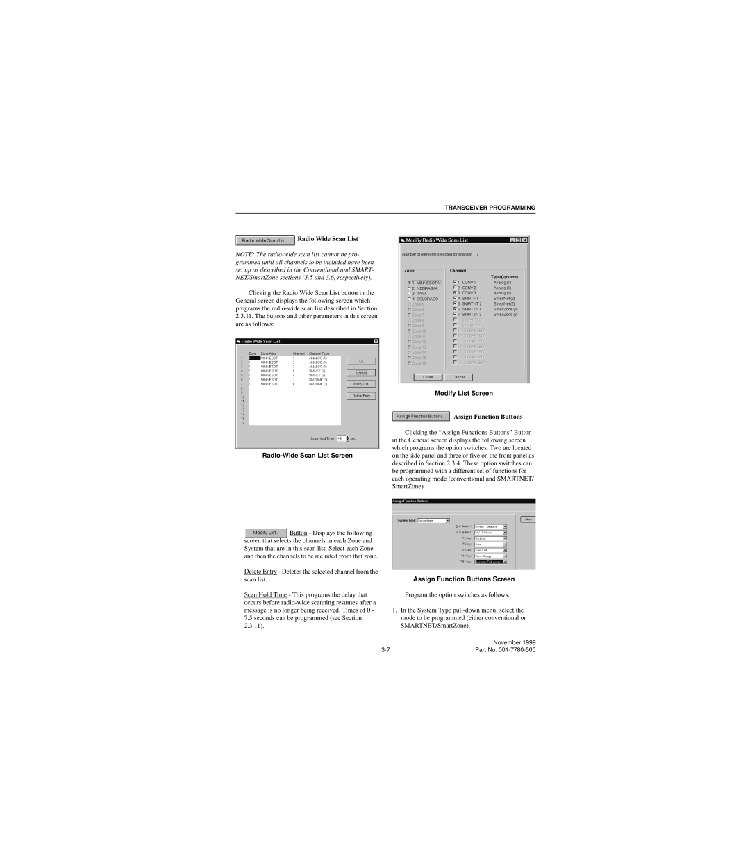 EFJohnson 7780 Radio Wide Scan List, Radio-Wide Scan List Screen, Modify List Screen, Assign Function Buttons 