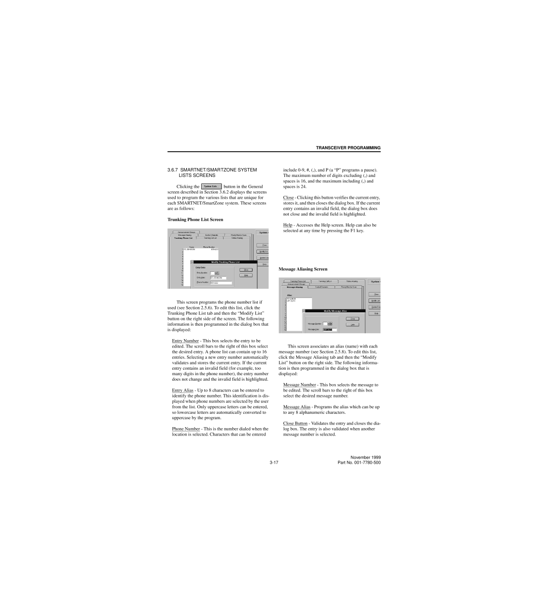 EFJohnson 7780 service manual SMARTNET/SMARTZONE System Lists Screens, Trunking Phone List Screen, Message Aliasing Screen 