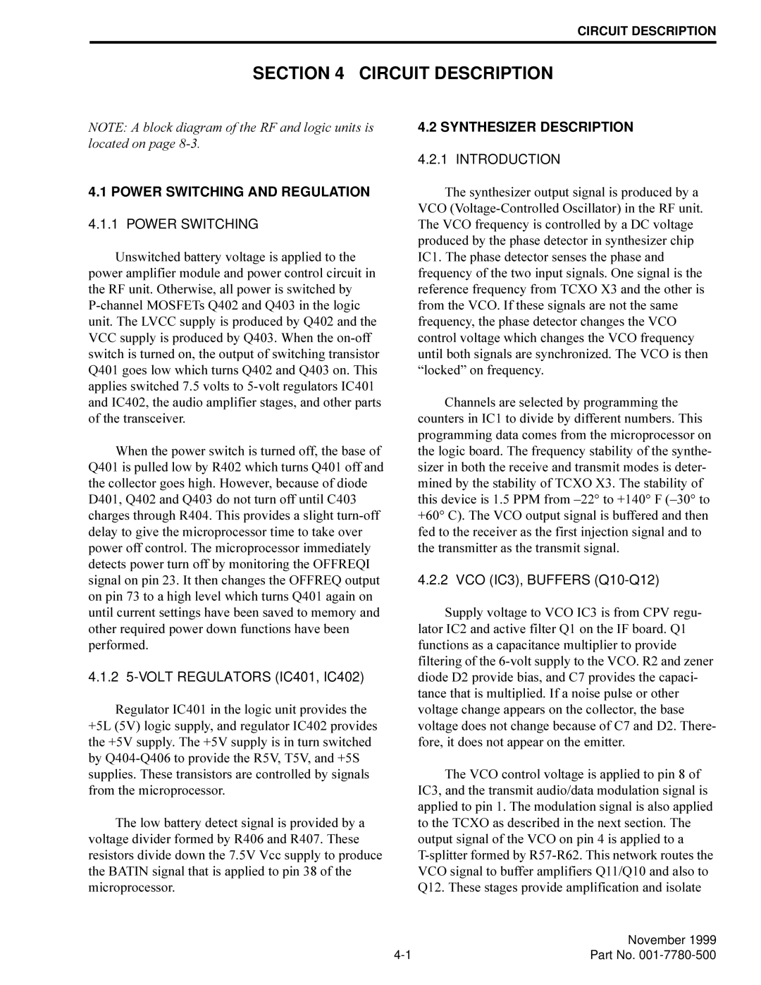 EFJohnson 7780 service manual Circuit Description, Power Switching and Regulation, Synthesizer Description 