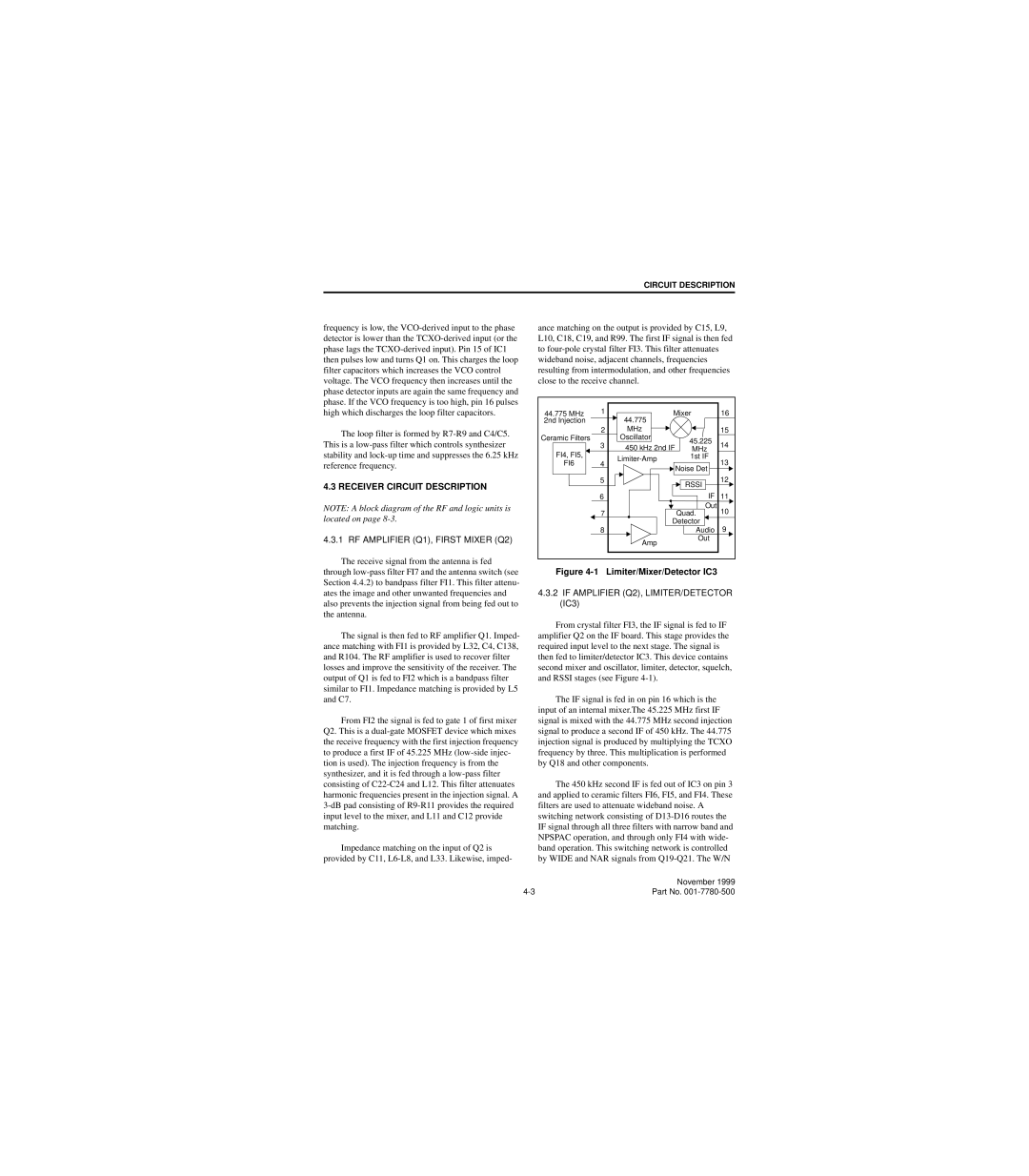 EFJohnson 7780 Receiver Circuit Description, RF Amplifier Q1, First Mixer Q2, If Amplifier Q2, LIMITER/DETECTOR IC3 