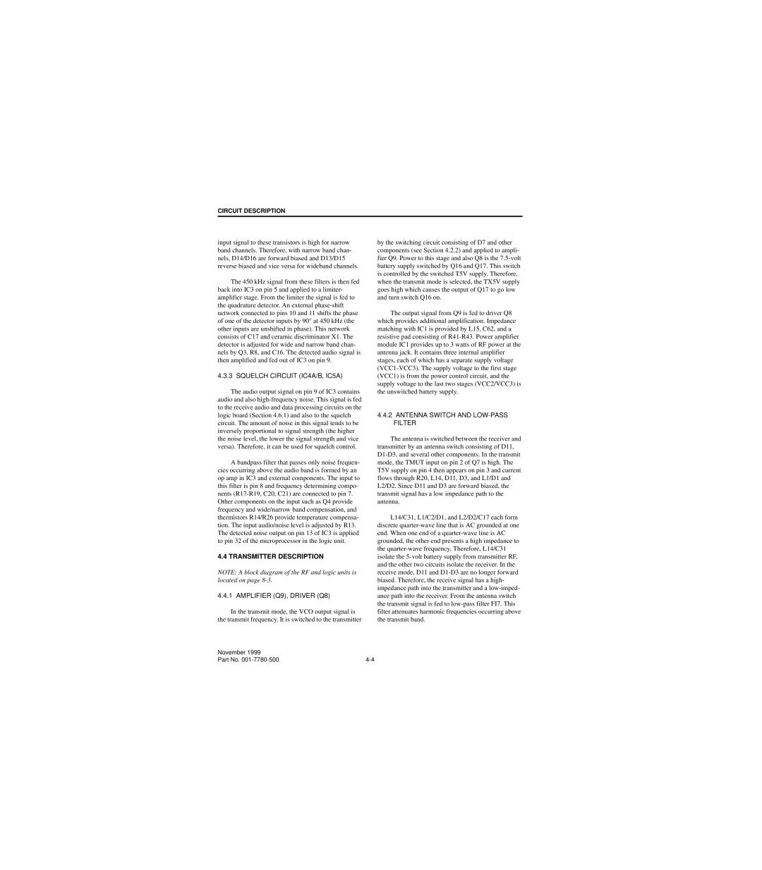 EFJohnson 7780 service manual Squelch Circuit IC4A/B, IC5A, Transmitter Description, Amplifier Q9, Driver Q8 
