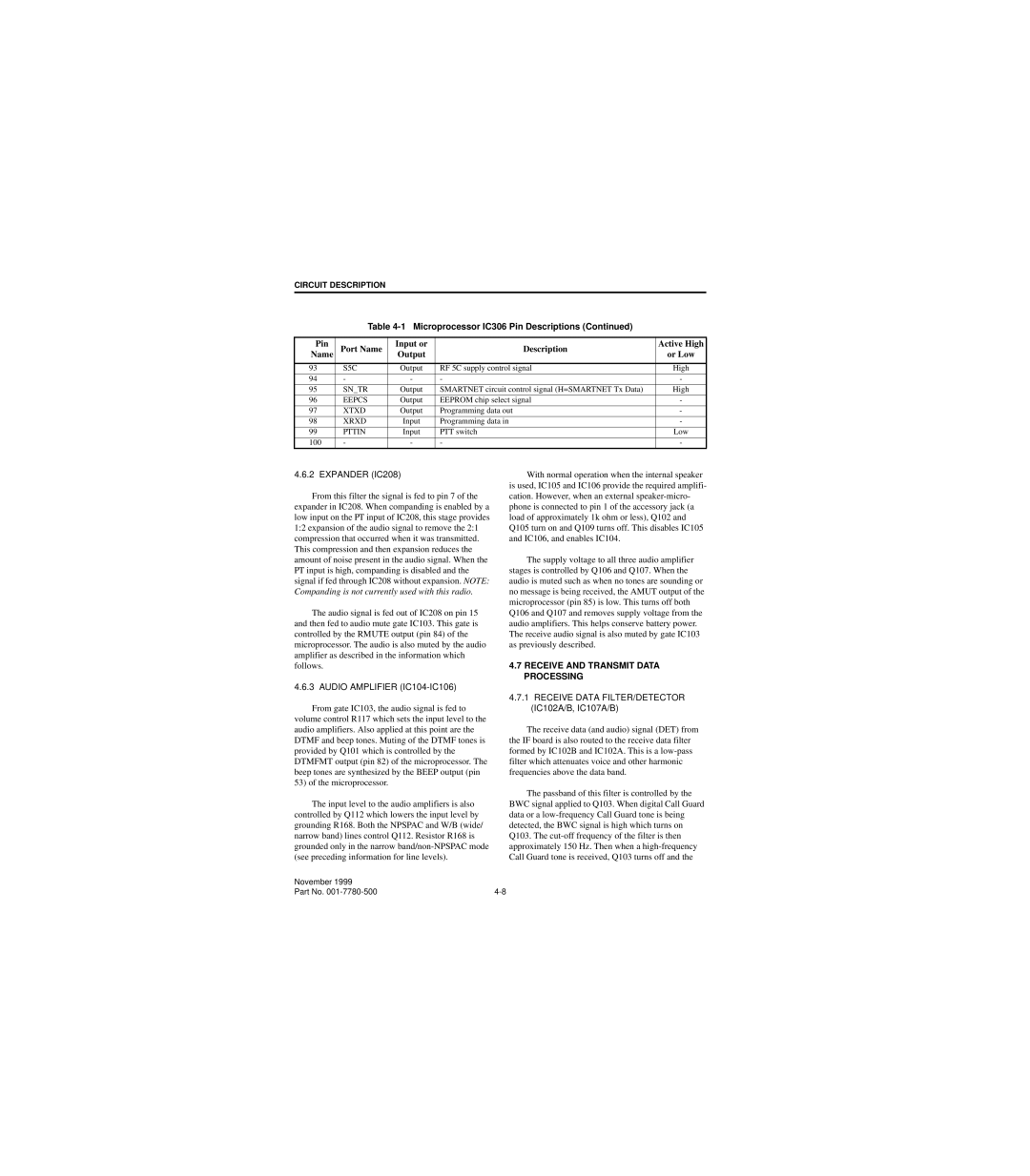 EFJohnson 7780 service manual Audio Amplifier IC104-IC106, Receive and Transmit Data Processing 