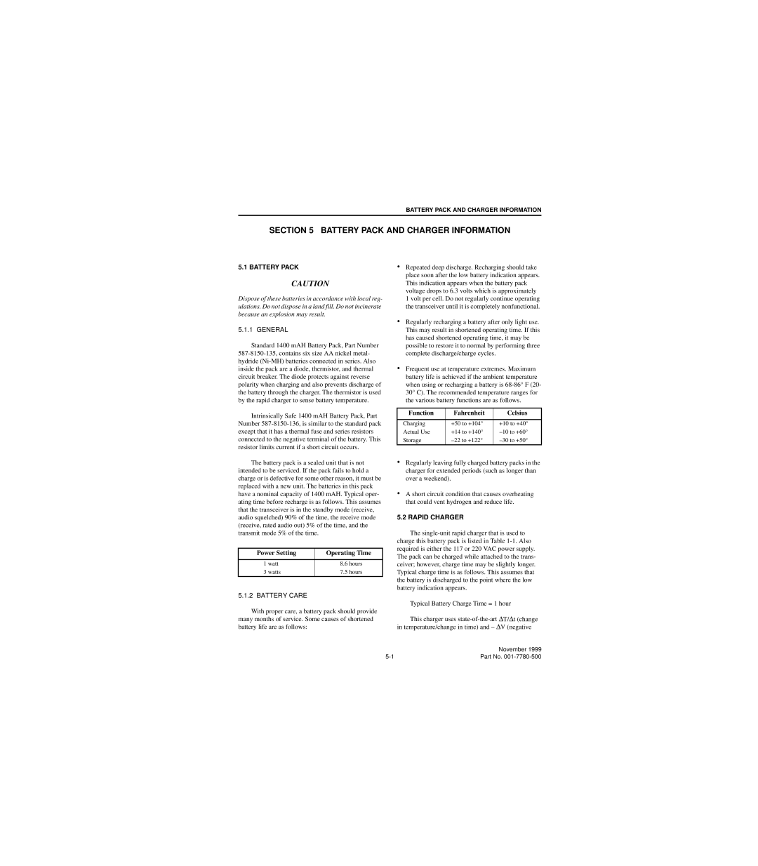 EFJohnson 7780 Battery Pack and Charger Information, Power Setting Operating Time, Function Fahrenheit Celsius 