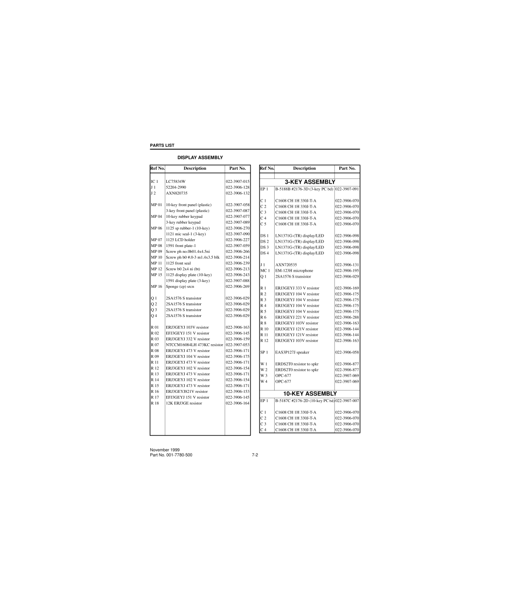 EFJohnson 7780 service manual KEY Assembly, Display Assembly 