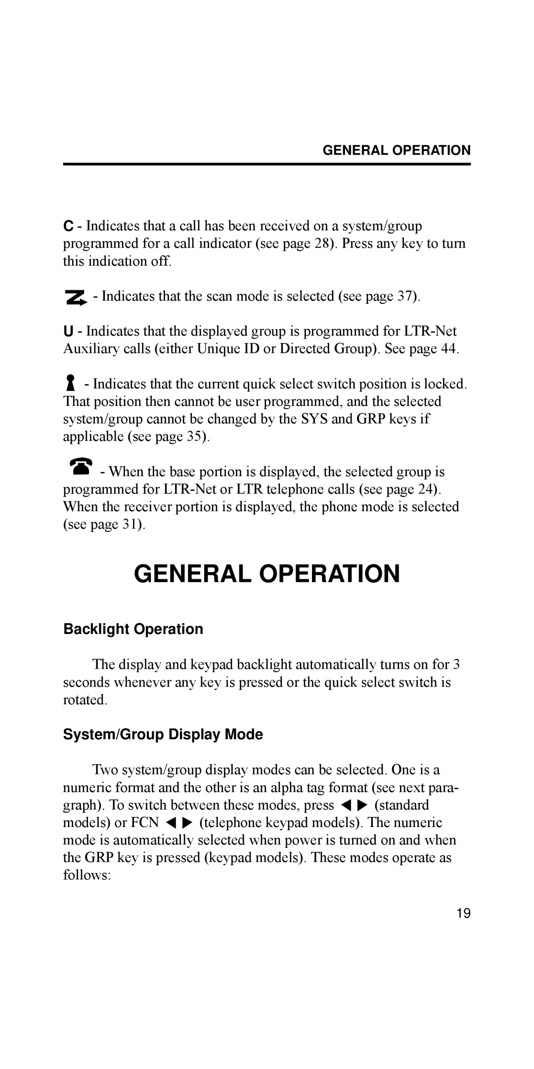 EFJohnson 002-8170-001, 8170 Series manual General Operation, Backlight Operation, URWDWHGï, System/Group Display Mode 