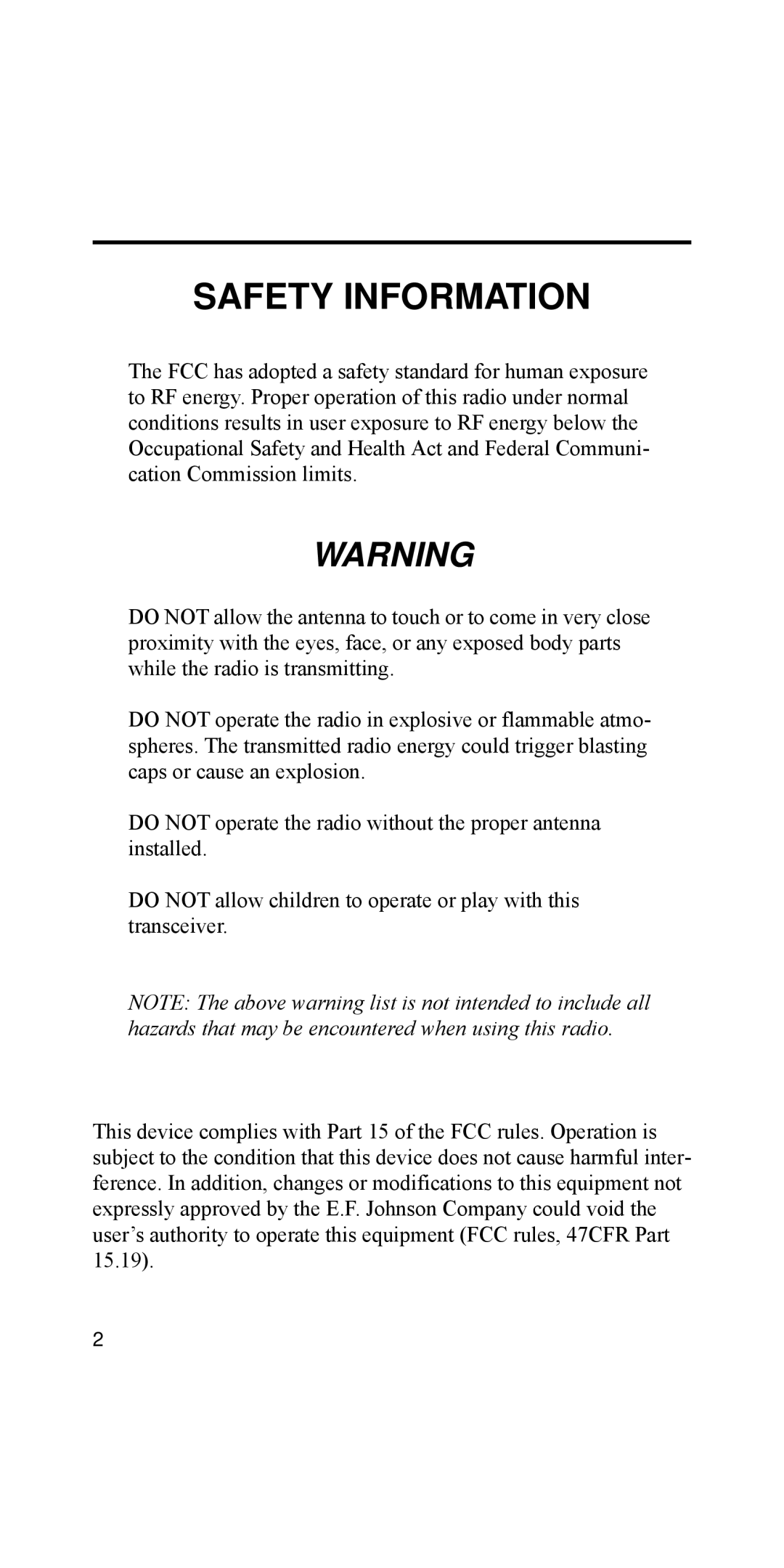 EFJohnson 8170 Series manual Safety Information, ZKLOHýWKHýUDGLRýLVýWUDQVPLWWLQJï, FDSVýRUýFDXVHýDQýHSORVLRQï, LQVWDOOHGï 