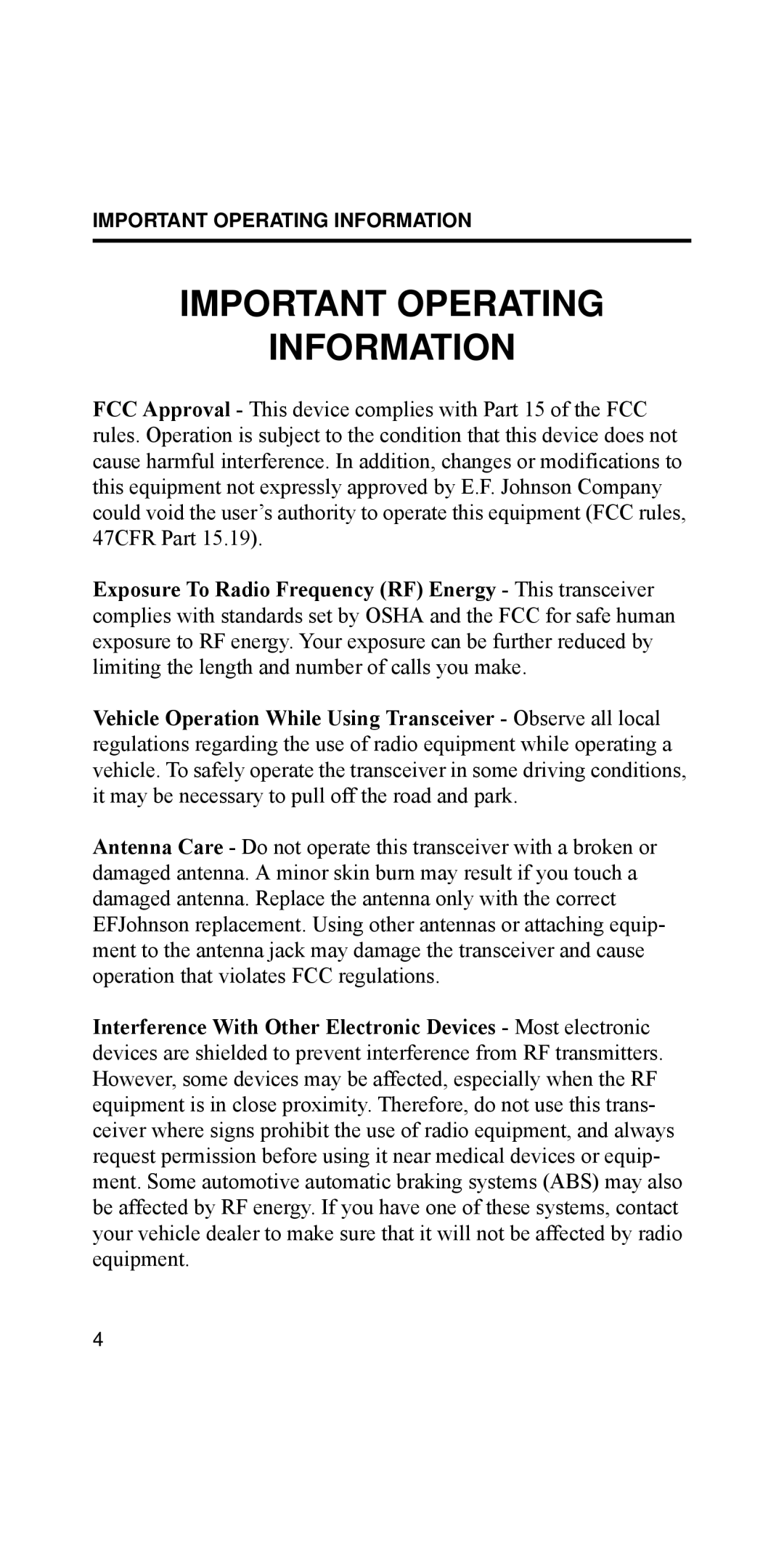 EFJohnson 8170 Series, 002-8170-001 manual Important Operating Information 