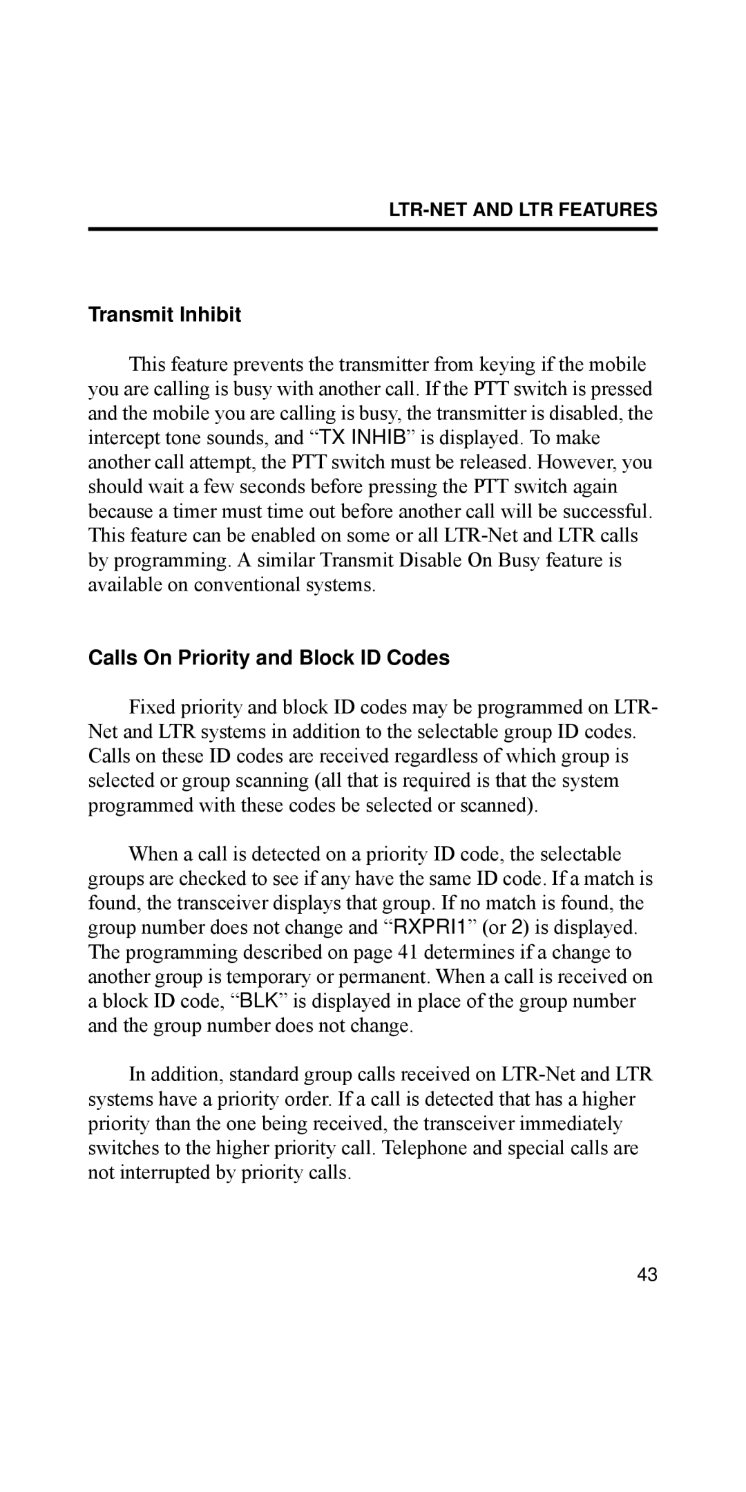 EFJohnson 002-8170-001 manual Transmit Inhibit, Calls On Priority and Block ID Codes, QRWýLQWHUUXSWHGýE\ýSULRULW\ýFDOOVïý 