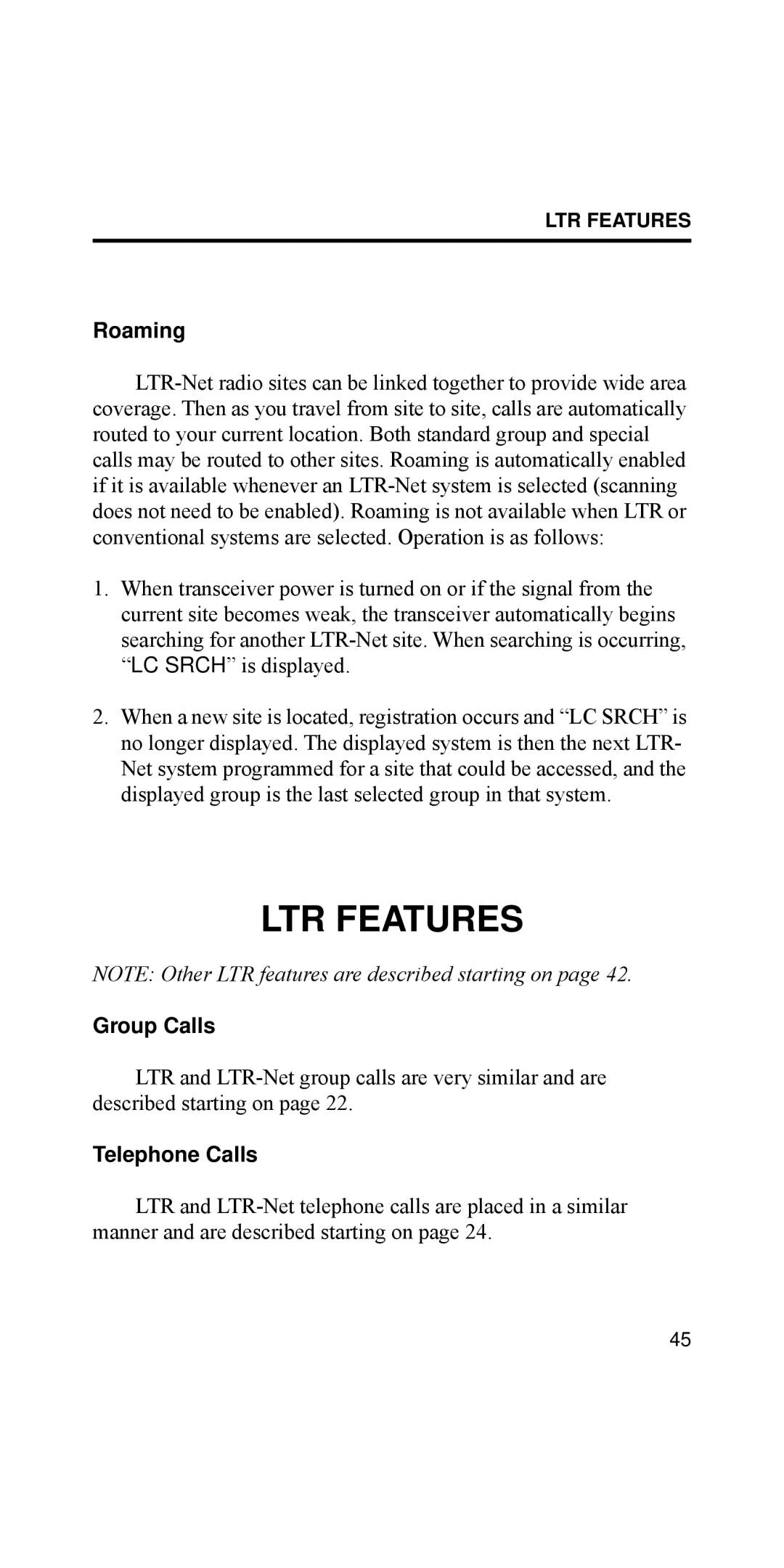 EFJohnson 002-8170-001, 8170 Series manual LTR Features, Roaming, Group Calls, Telephone Calls 