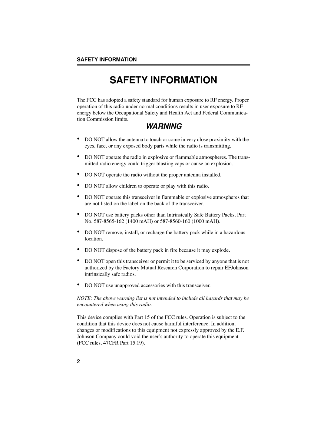 EFJohnson 8500 manual Safety Information 