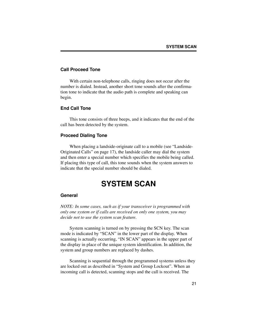 EFJohnson 8500 manual System Scan, Call Proceed Tone, End Call Tone, Proceed Dialing Tone, General 