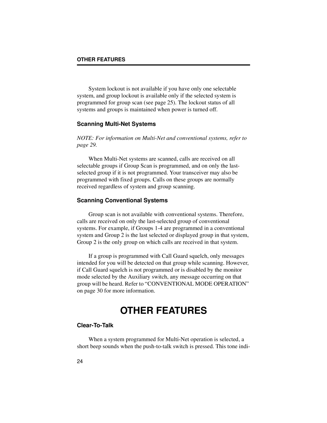 EFJohnson 8500 manual Other Features, Scanning Multi-Net Systems, Scanning Conventional Systems, Clear-To-Talk 