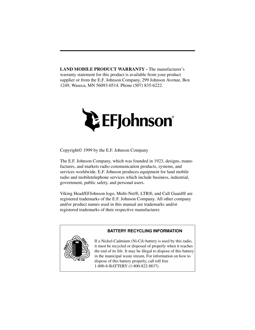 EFJohnson 8500 manual Battery Recycling Information 