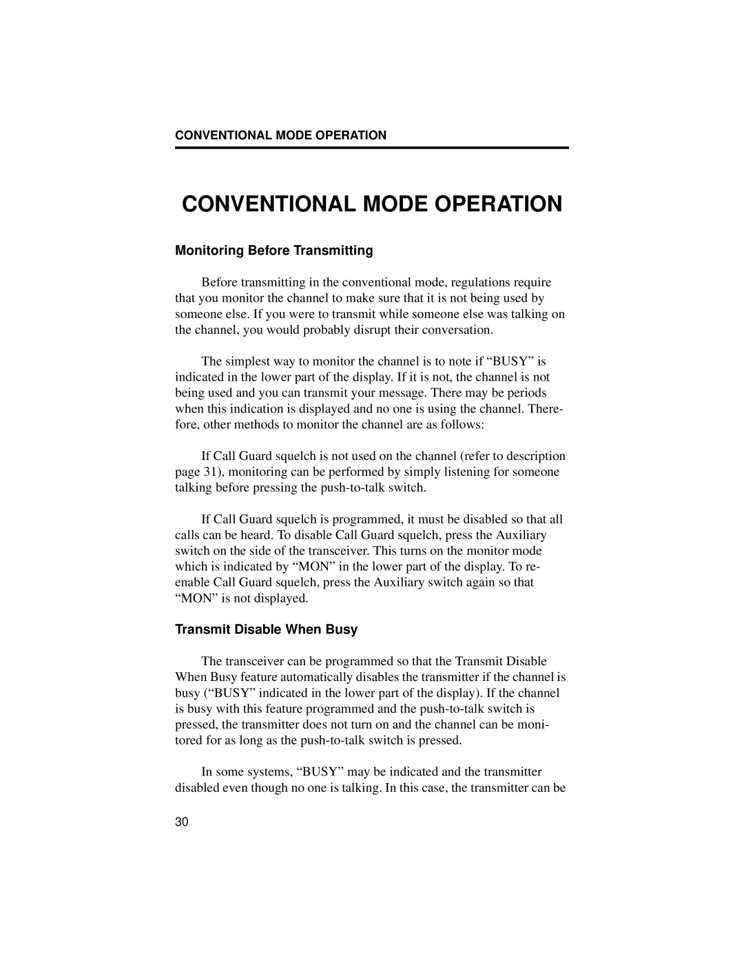 EFJohnson 8500 manual Conventional Mode Operation, Monitoring Before Transmitting, Transmit Disable When Busy 