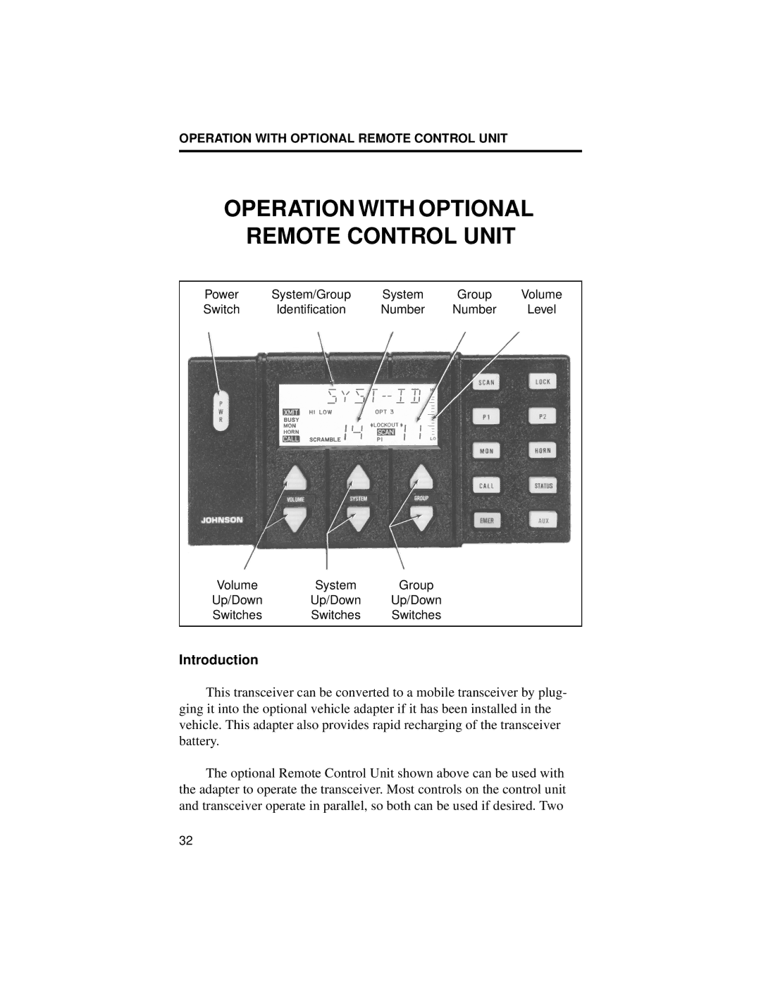 EFJohnson 8500 manual Operation with Optional Remote Control Unit 