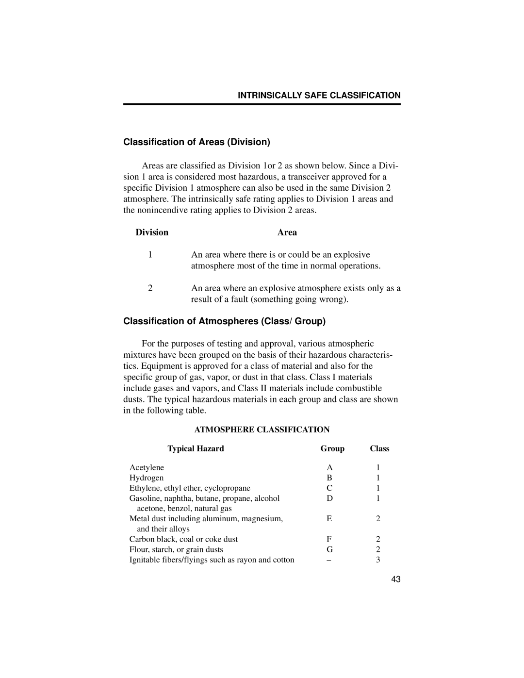 EFJohnson 8500 manual Classification of Areas Division, Classification of Atmospheres Class/ Group 