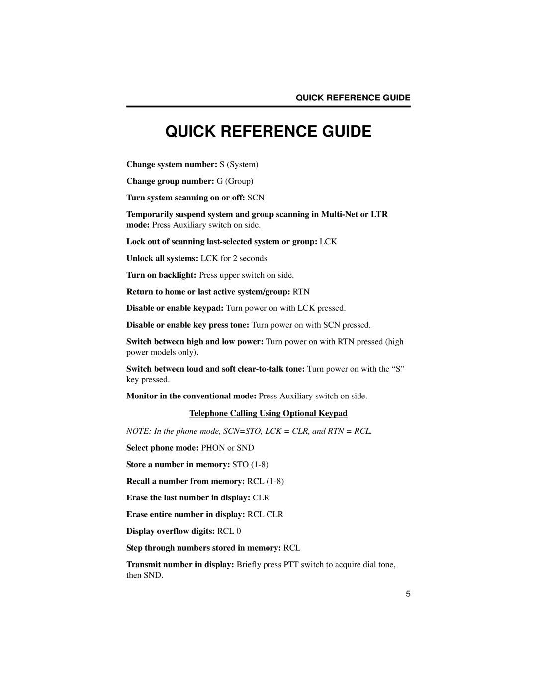 EFJohnson 8500 manual Quick Reference Guide 