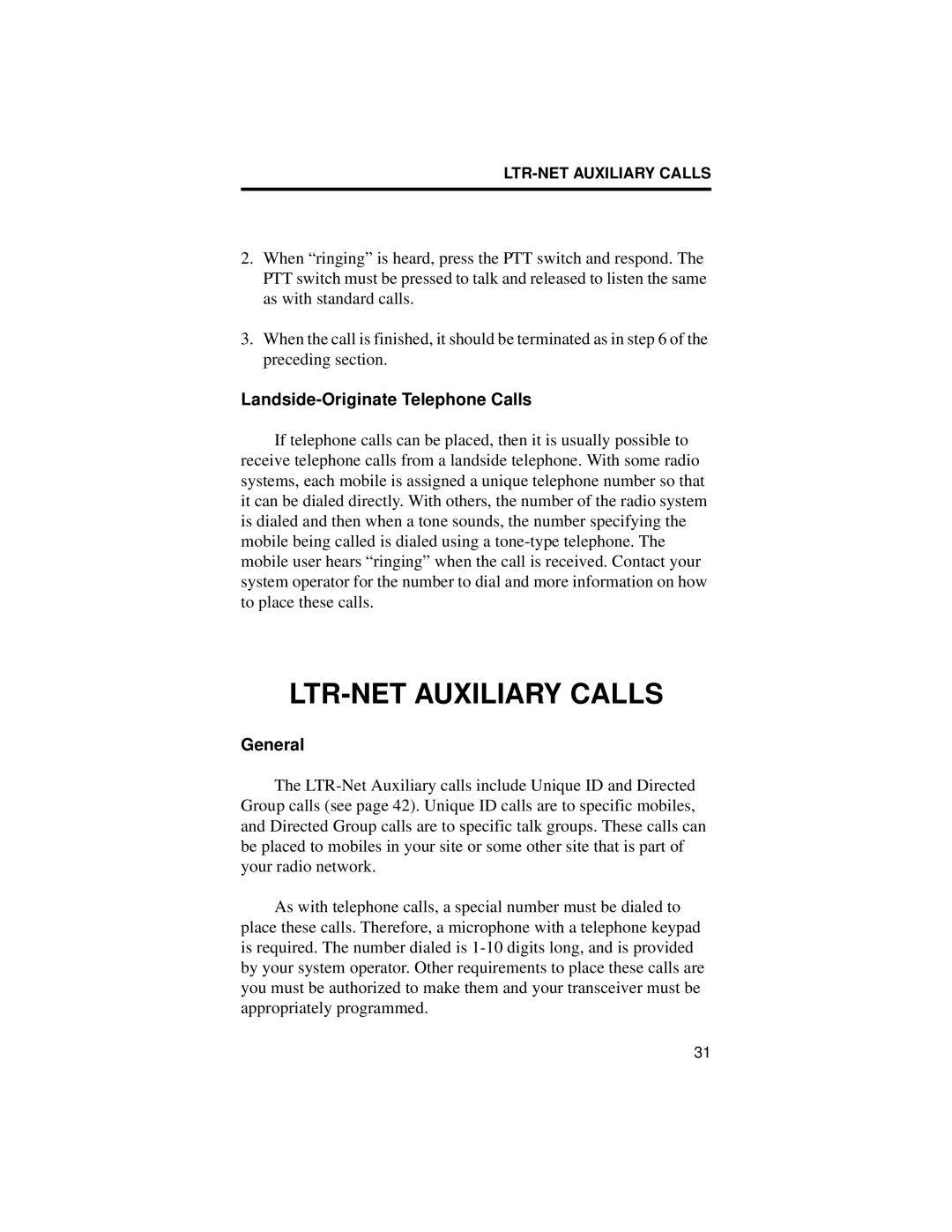 EFJohnson 98x6, 98x3, 002-9803-601 manual LTR-NET Auxiliary Calls, Landside-Originate Telephone Calls 