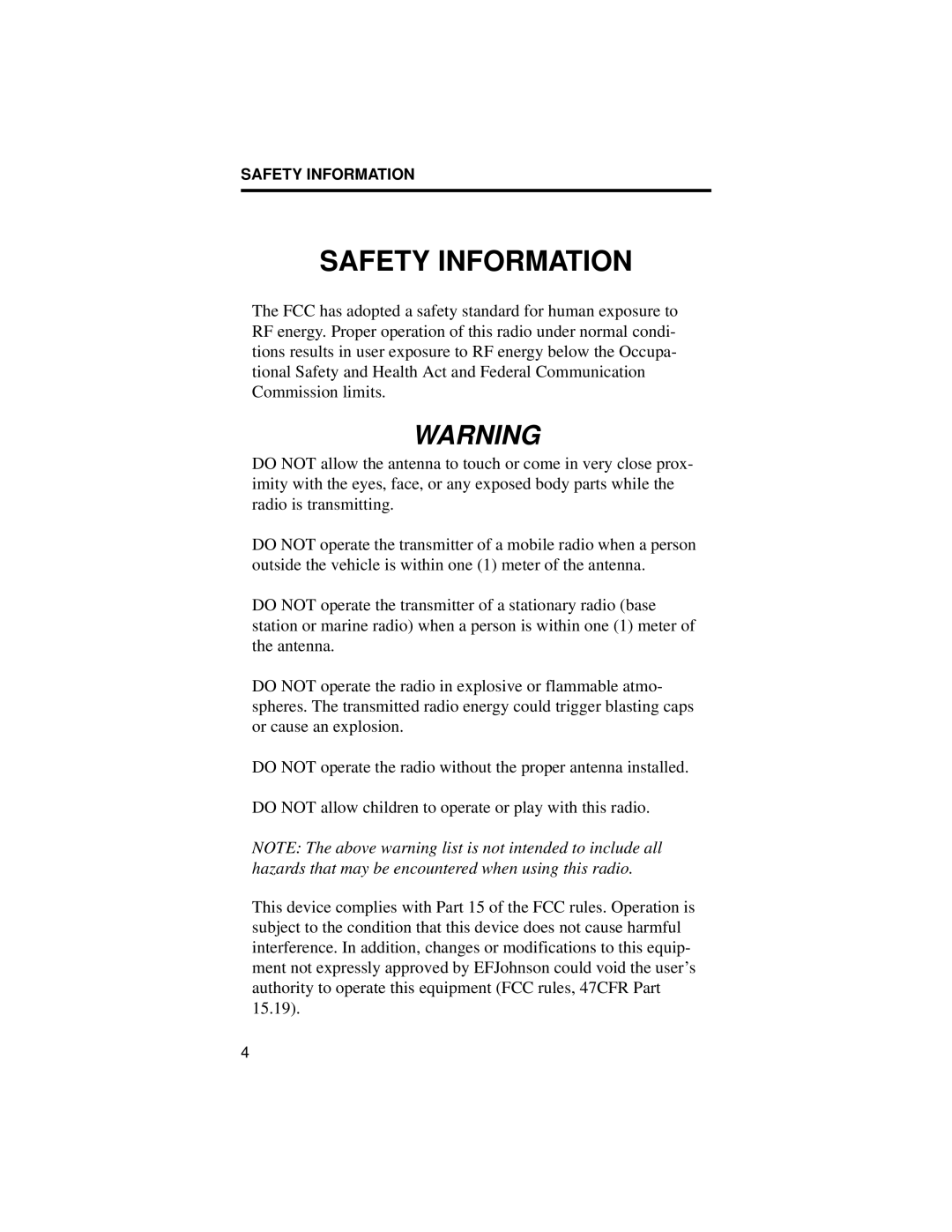 EFJohnson 98x6, 98x3, 002-9803-601 manual Safety Information 