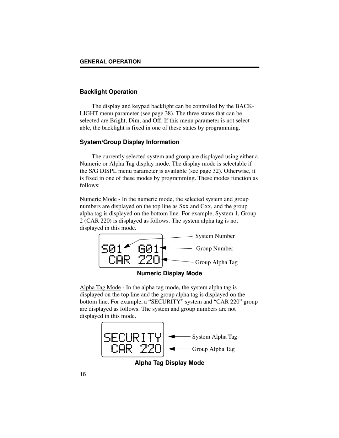 EFJohnson LTR 98xx Backlight Operation, System/Group Display Information, Numeric Display Mode, Alpha Tag Display Mode 