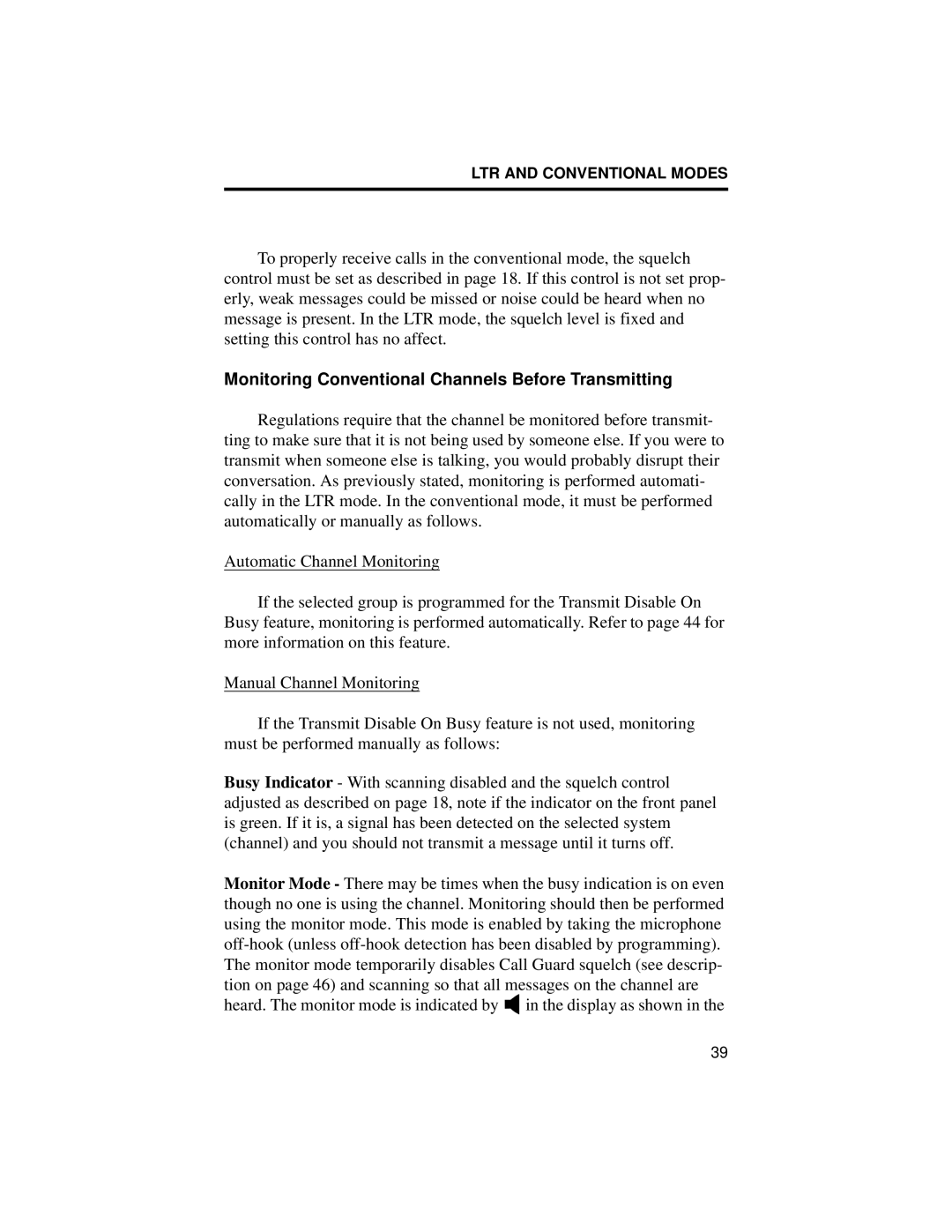 EFJohnson High Tier, LTR 98xx manual Monitoring Conventional Channels Before Transmitting 