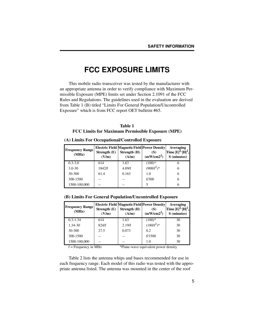 EFJohnson High Tier, LTR 98xx manual FCC Exposure Limits, Limits For General Population/Uncontrolled Exposure 