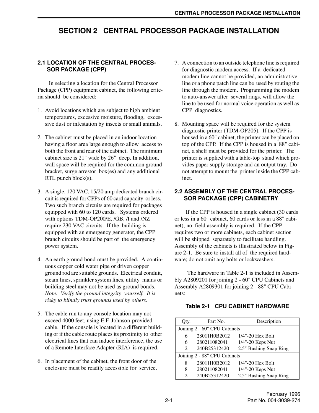 EFJohnson VR-CM50 manual Location of the Central PROCES- SOR Package CPP, CPU Cabinet Hardware 