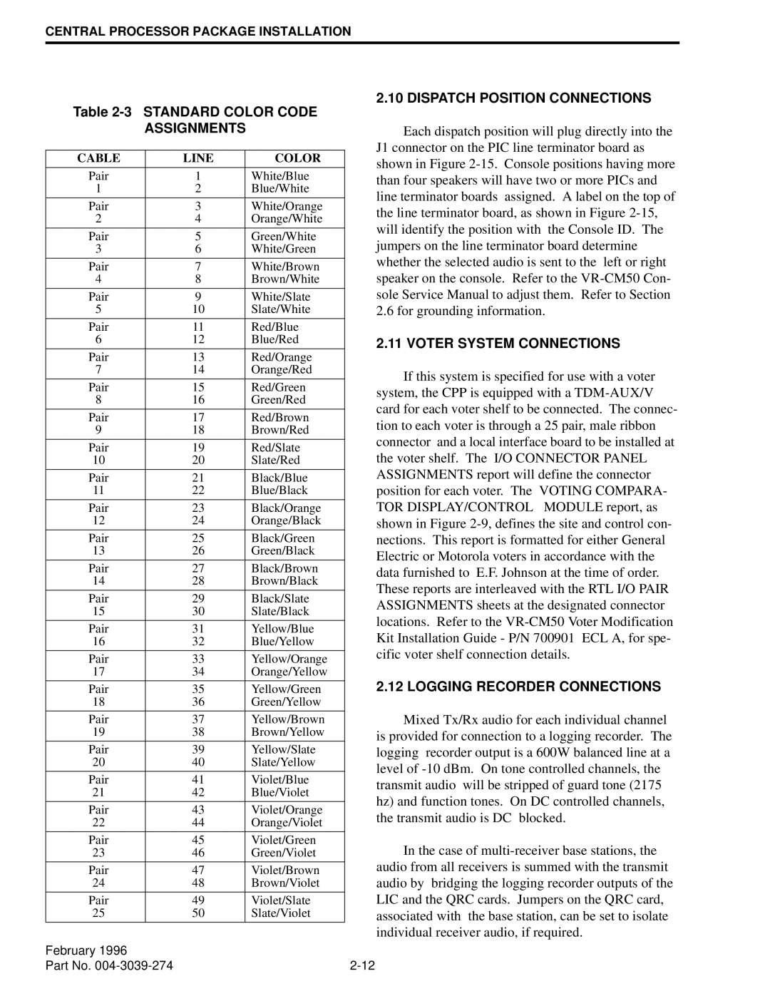 EFJohnson VR-CM50 manual Standard Color Code, Assignments, Dispatch Position Connections, Voter System Connections 