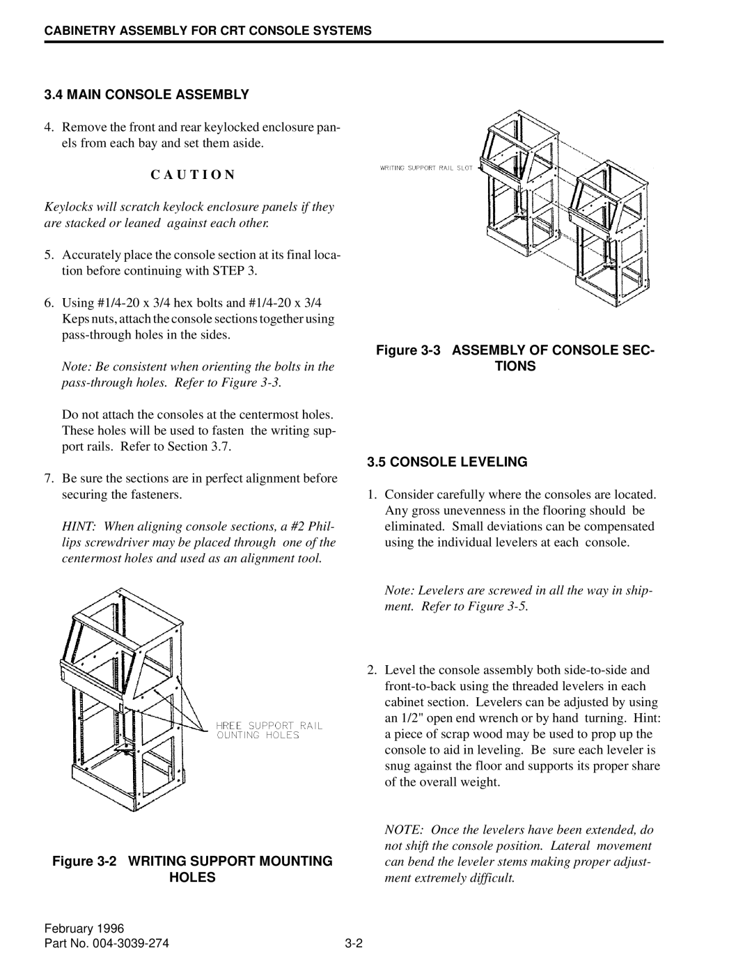 EFJohnson VR-CM50 manual Main Console Assembly, Holes, Tions Console Leveling 