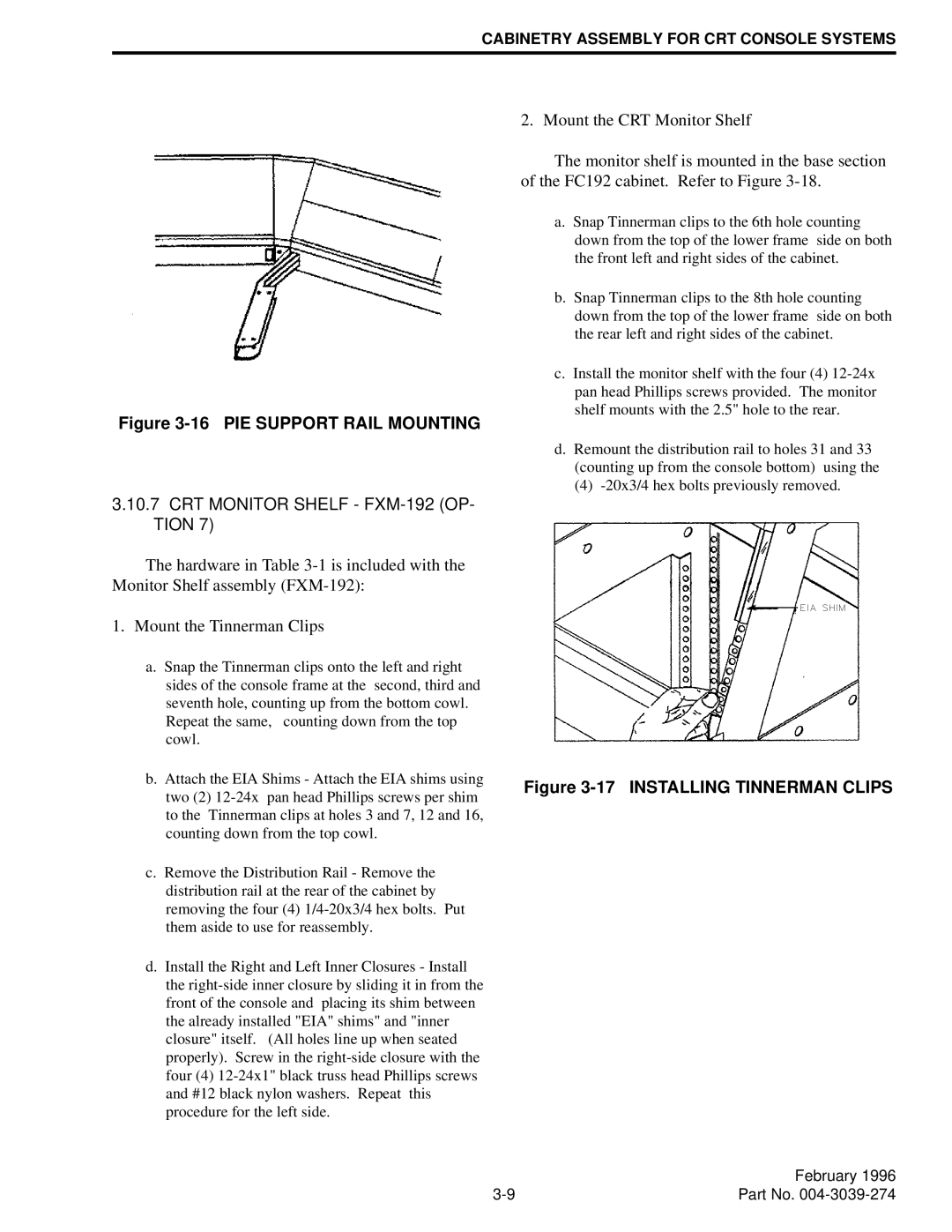 EFJohnson VR-CM50 manual PIE Support Rail Mounting, CRT Monitor Shelf FXM-192 OP- Tion 