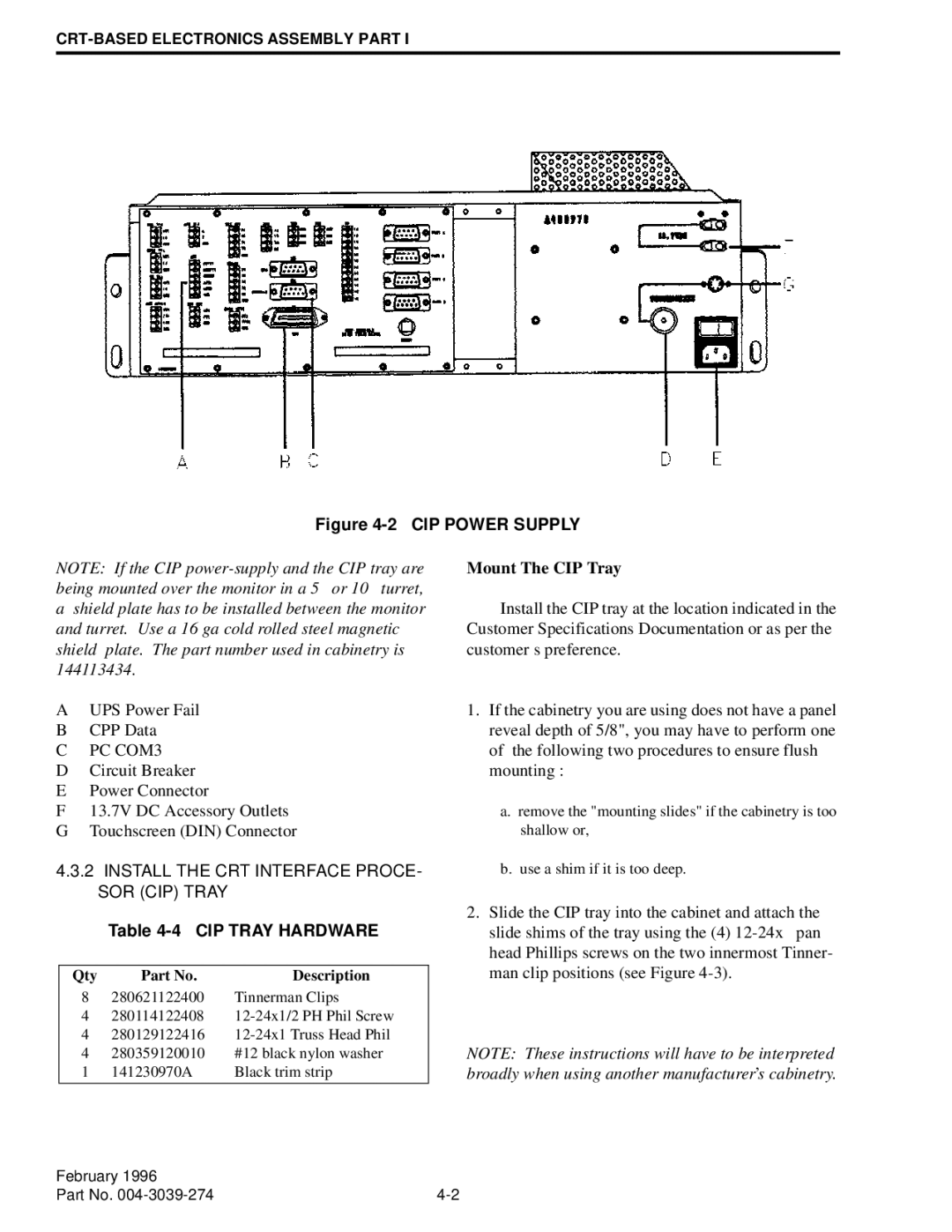 EFJohnson VR-CM50 manual Install the CRT Interface PROCE- SOR CIP Tray, CIP Tray Hardware 